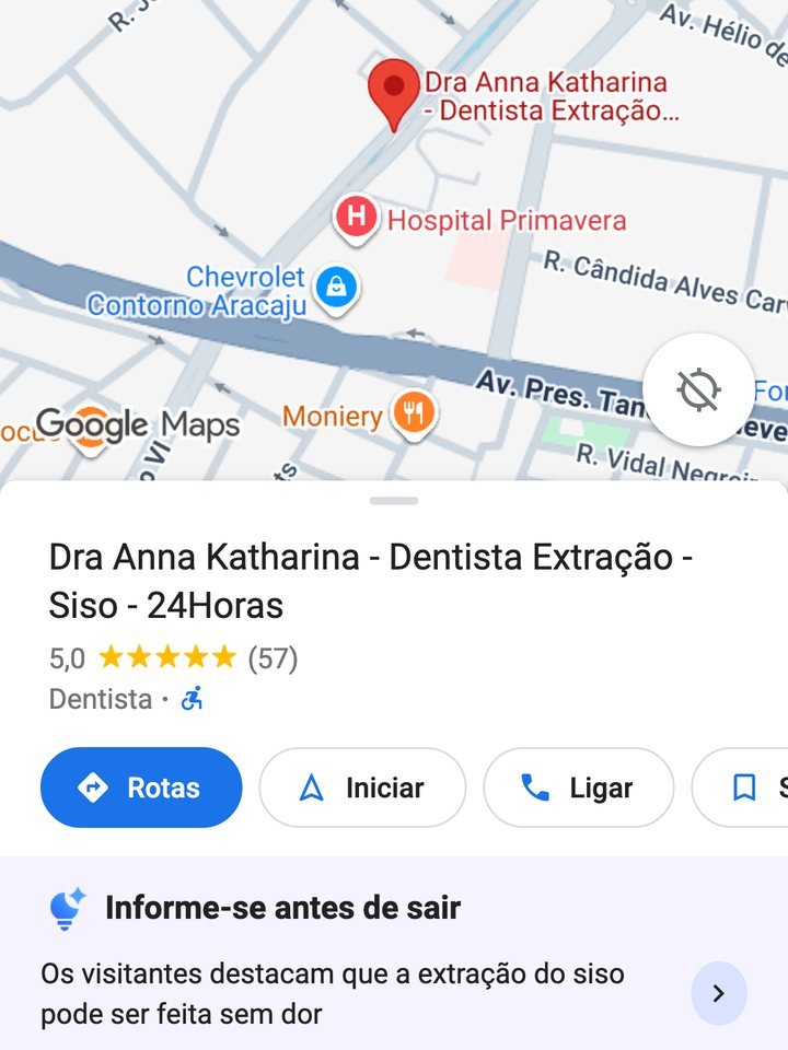 Print do perfil da Dra. Anna Katharina no Google Maps: nota 5,0 com 57 avaliações, categoria Dentista